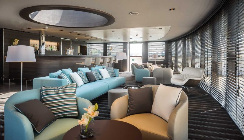 Relax in the lounge of Le Soleal. The Ponant ship sails the world from Easter Island to Copenhagen to Tahiti.