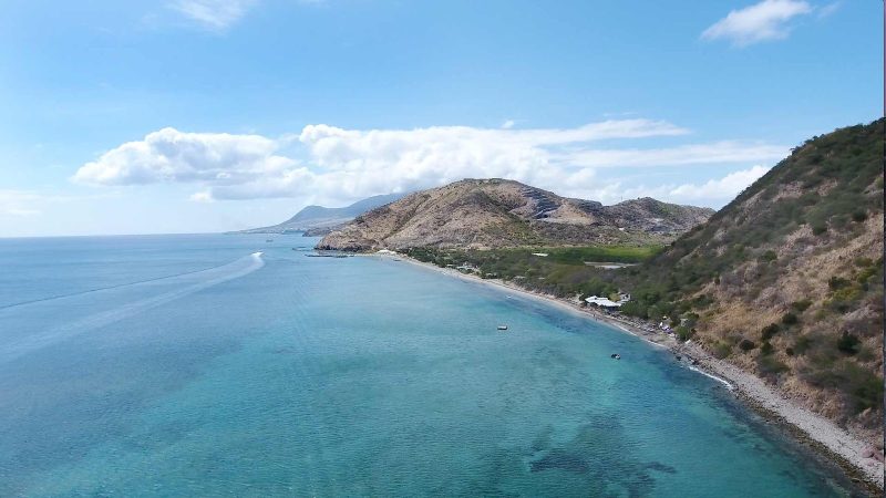 Drone image of the coastline of Frigate Bay in St. Kitts, looking north. 