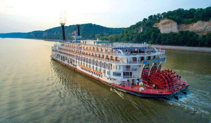 The 436-passenger American Queen rolls along on the Mississippi River.