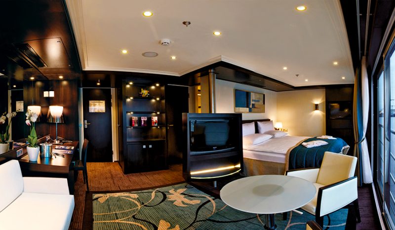The 300-square-foot Royal Suite on Avalon Vista includes a spacious seating area and stocked minibar.