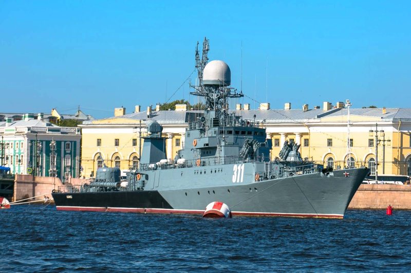A warship in the Neva River of St. Petersburg, Russia.