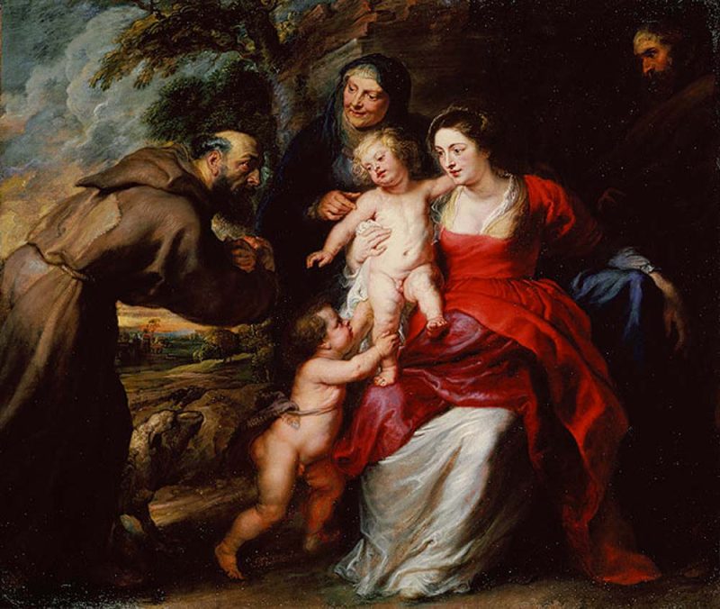 "Holy Family" (c. 1630s), oil on panel by Flemish painter Peter Paul Rubens, depicts the holy family with Saints Francis and Anne and Saint John the Baptist as a toddler. See it at the Metropolitan Museum of Art in New York.
