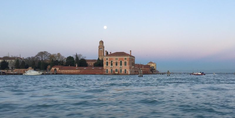 Leaving the canals of Venice and entering Laguna Veneta (Venice Lagoon) at daybreak.