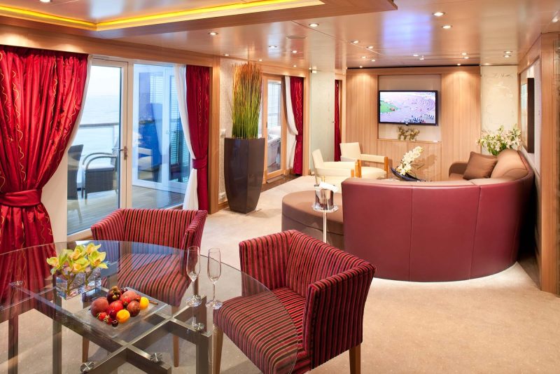 The Wintergarden Suite has a private glassed-in Solarium with a soaking tub and a lounging bed. It also features a veranda with wonderful views of the side of the ship.
