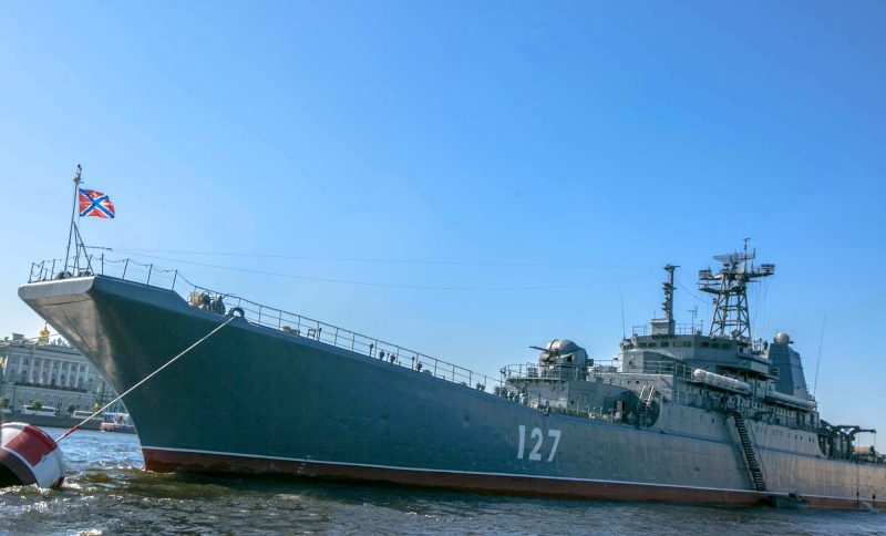 A warship in the Neva River of St. Petersburg, Russia.