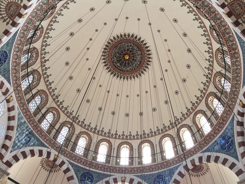 Under the cupola of Rustem Pasha Mosque, a strikingly ornate 16th-century Ottoman mosque in Istanbul, Turkey.