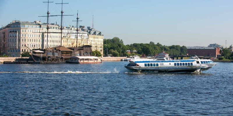 A speedboat on the Neva River in St. Petersburg, Russia.