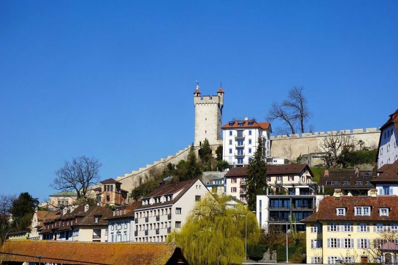 The Musegg Wall and its nine towers are part of the historic fortifications in Lucerne, Switzerland, forming a striking crown around the Old Town.
