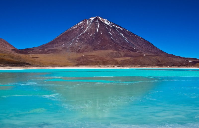 The turquoise views of the Green Lagoon in Bolivia.