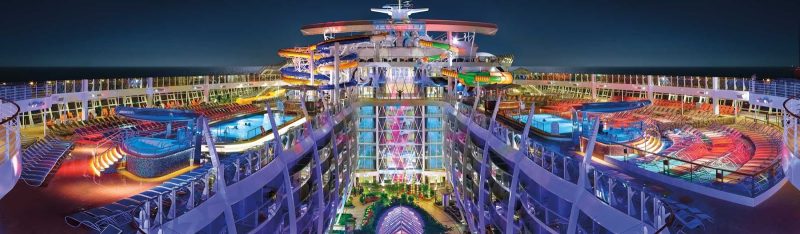 The Perfect Storm, a trio of wet and wild waterslides, at night on Harmony of the Seas. 