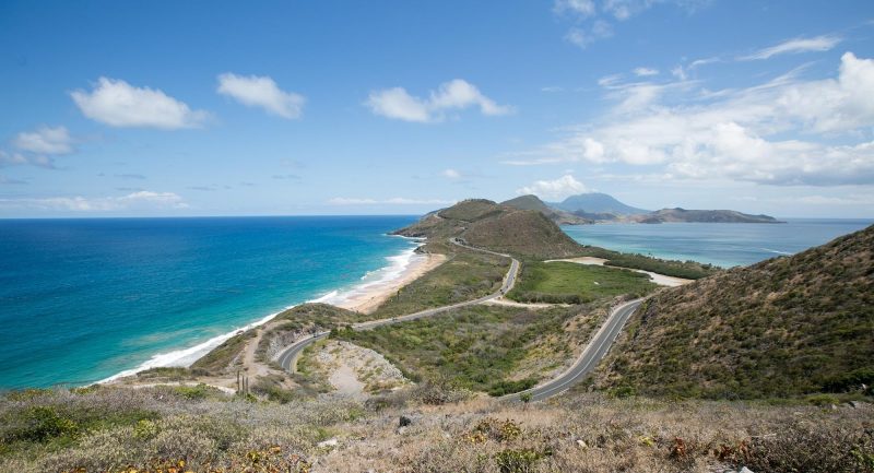 The Timothy Hill lookout, with the Atlantic at left and tamer Caribbean at right in southern St. Kitts.