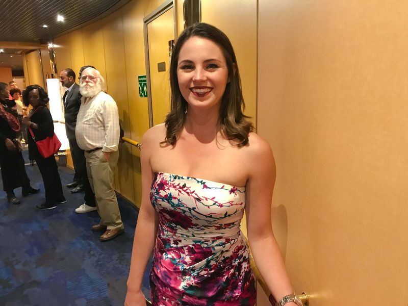 Cruise director Erin Duffey during formal night on Holland America's Oosterdam.