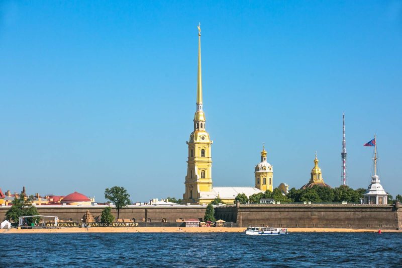 The steeple of Saints Peter and Paul Cathedral seen during a canal cruise in St. Petersburg, Russia.