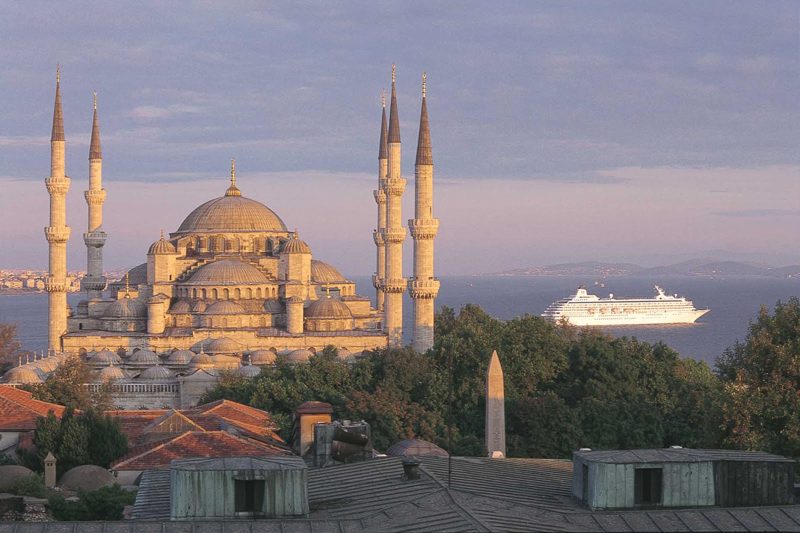Crystal Symphony passes by the iconic Blue Mosque in Istanbul, Turkey.