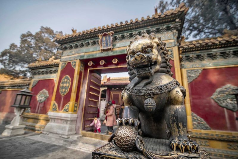 Guardian lion of Gate of Supreme Harmony (Taihe men) in the Forbidden City area of Beijing.