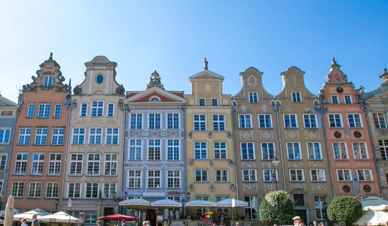 Rowhouses line Long Market Street in Old Gdansk, Poland.