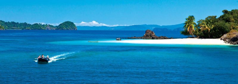 Climb on board one of National Geographic Sea Lion's Zodiac boats for a fun boat ride through Granito de Oro, Coiba National Park, Costa Rica.