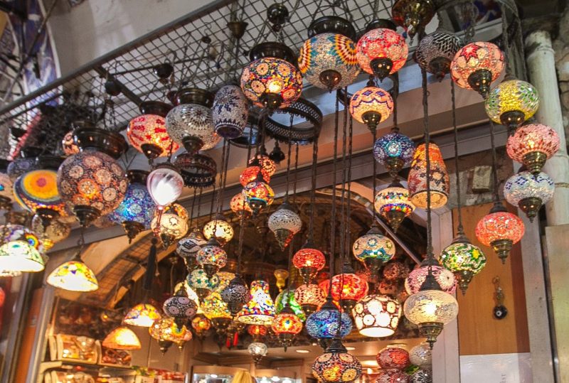 An assortment of colorful, intricately designed lamps at the Grand Bazaar in Istanbul.