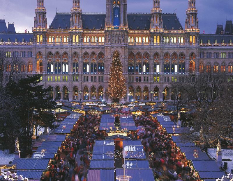 Christmas market in Town Hall Square, Vienna, Austria.