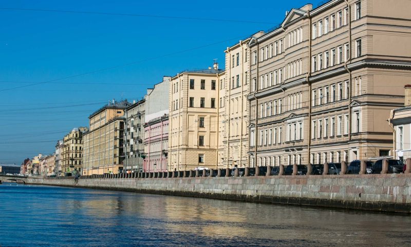 Some of the scenic buildings lining a canal  in St. Petersburg, Russia.
