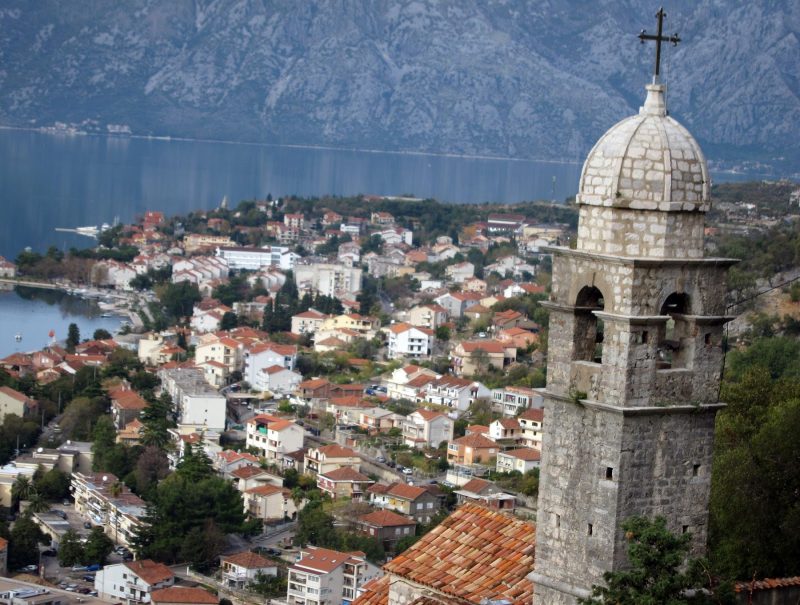 The view from the ramparts above Kotor with the steeple of Church of Our Lady of Remedy at the right.