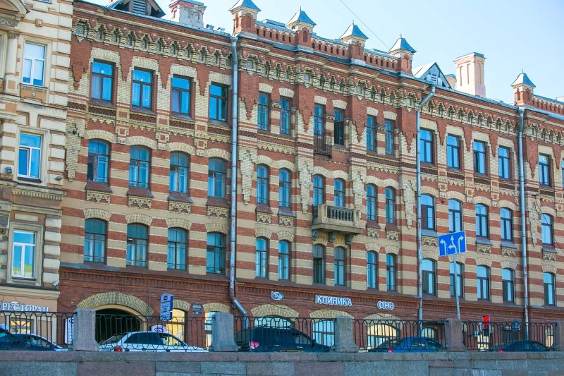 An apartment building seen during a canal cruise  in St. Petersburg, Russia.