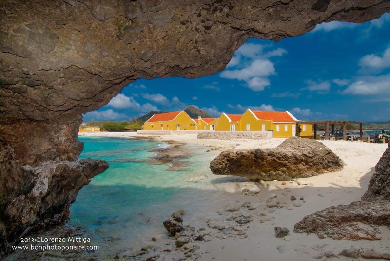 Colorful houses line an inlet in Bonaire.