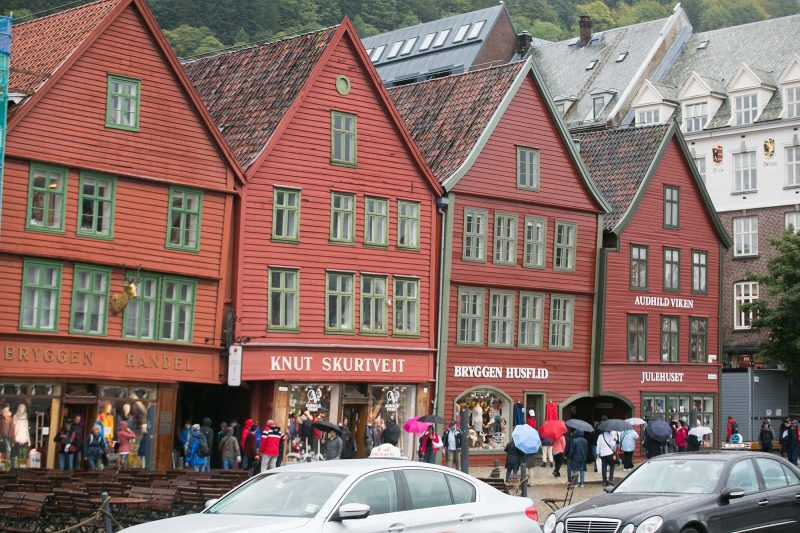 Traditional storefronts along the waterfront of Bergen, Norway. 