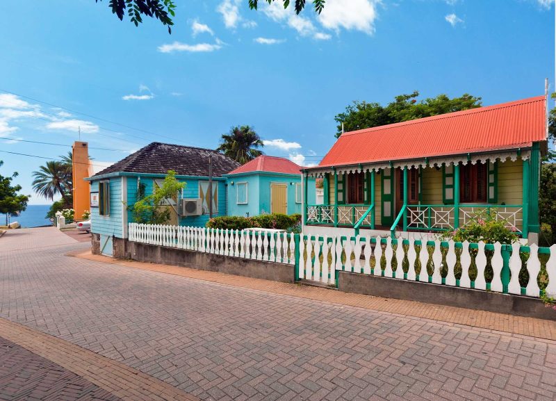 Brightly colored colonial houses on the small Caribbean island of St. Eustatius, or Statia, as the locals call it.