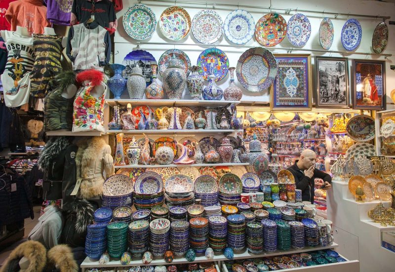 A shop selling colorful ceramics and decorative items in the Grand Bazaar in Istanbul.