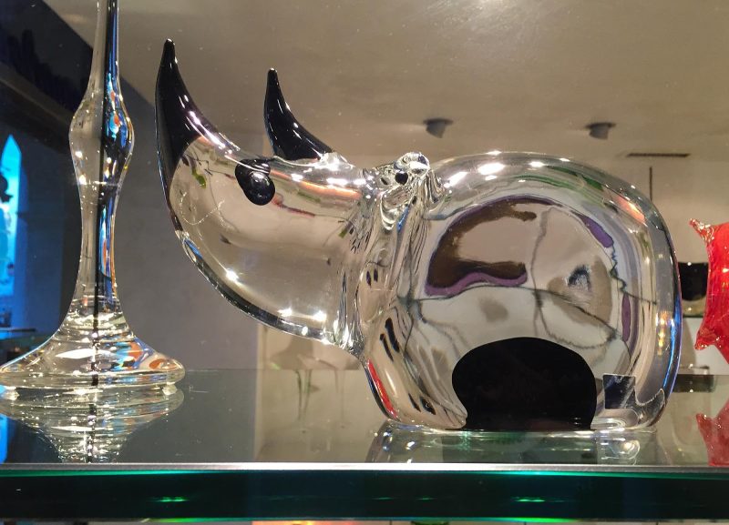A glass rhino in a shop window along the Procuratie Vecchie on Piazza San Marco, Venice.