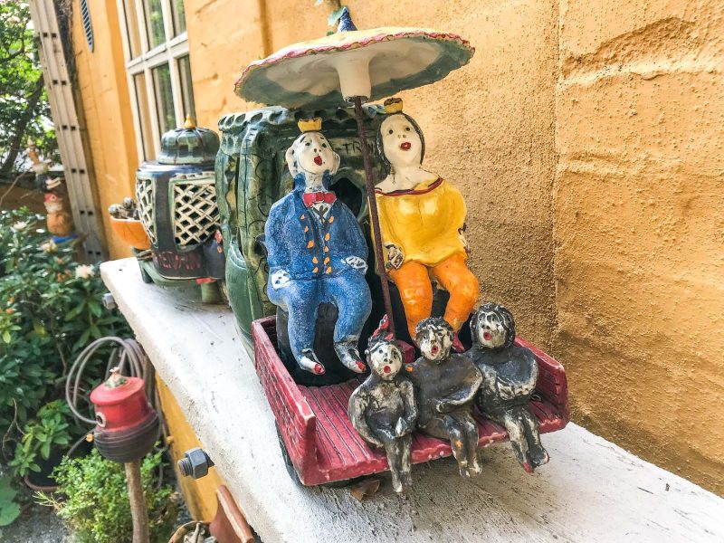 Whimsical ceramics artwork in the sculpture garden at Lange Kunsthåndværk in Aalborg, Denmark.