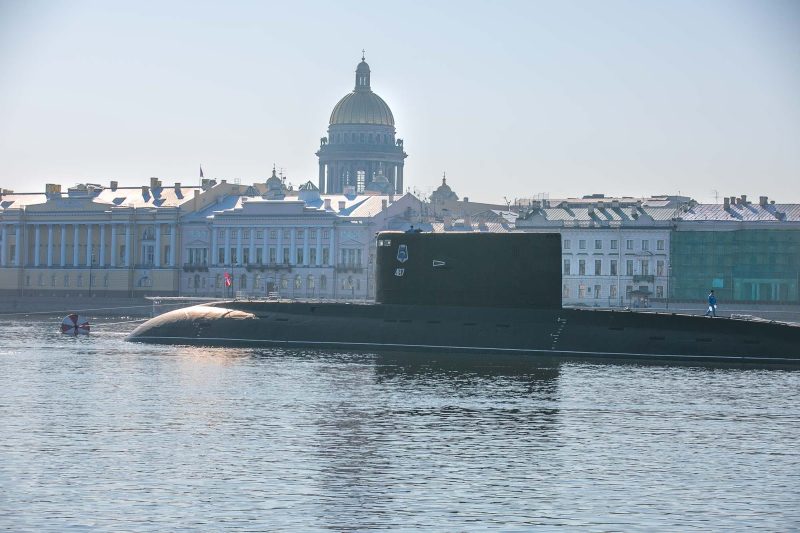 A submarine, No. 487 in the Russian Navy’s fleet, moored in the Neva River of St. Petersburg.