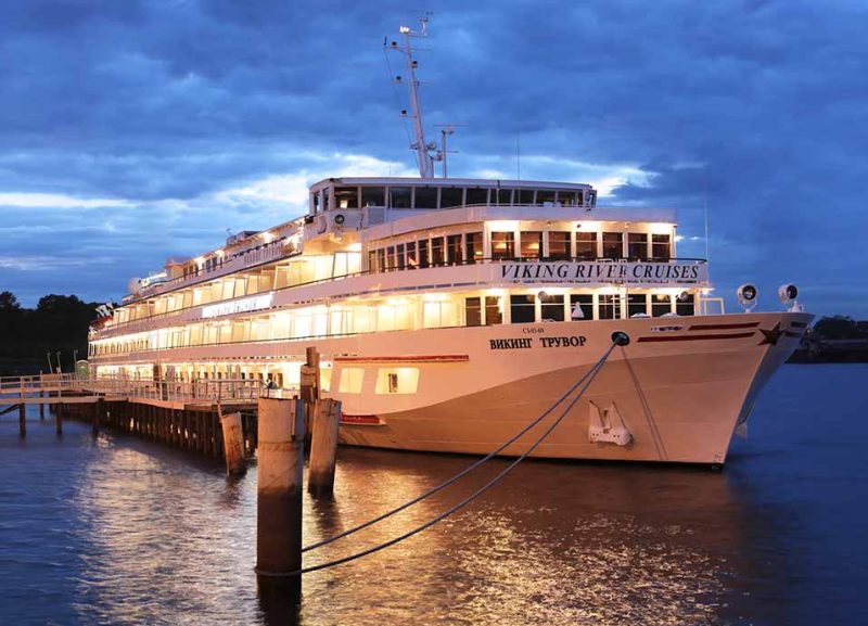 Viking Truvor is lit up elegantly at nighttime.