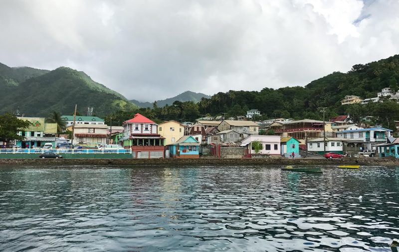 The waterfront of Soufriere, a pretty port in St. Lucia.