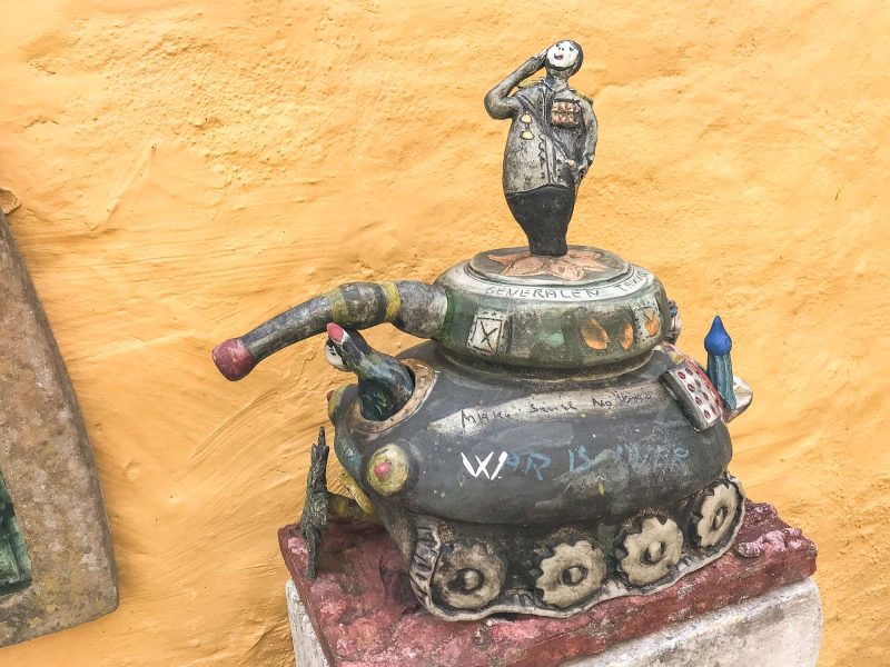 Whimsical ceramics artwork in the sculpture garden at Lange Kunsthåndværk in Aalborg, Denmark.