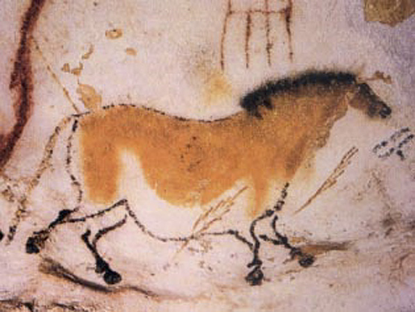 An ancient painting of a dun horse in the caves of Lascaux, France, two hours from Bordeaux.