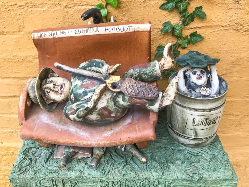 Whimsical ceramics artwork in the sculpture garden at Lange Kunsthåndværk in Aalborg, Denmark.