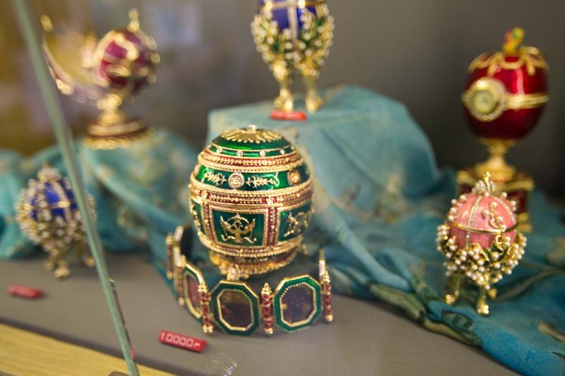 Replicas of Faberge eggs in the gift shop at the Peterhof Palace in St. Petersburg, Russia.