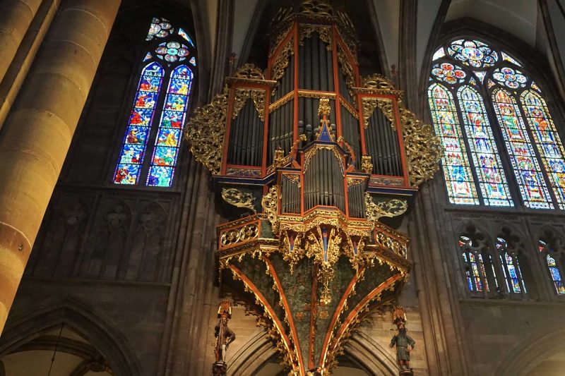 Closeup of the suspended pipe organ in Strasbourg Cathedral in France. Parts of the organ dates to the 14th century.