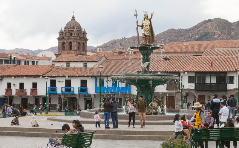 Plaza De Armas is the centerpiece of community life in Cusco, Peru, elevation 11,500 feet.