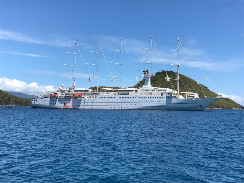 The premium ship Wind Surf alights in Guadeloupe during a Caribbean cruise.