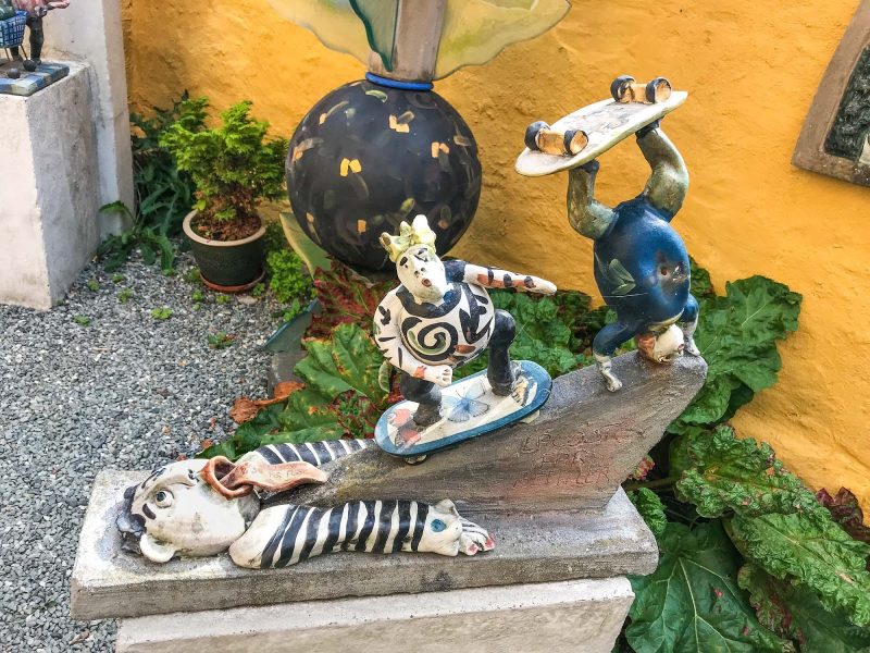 Whimsical ceramics artwork in the sculpture garden at Lange Kunsthåndværk in Aalborg, Denmark.