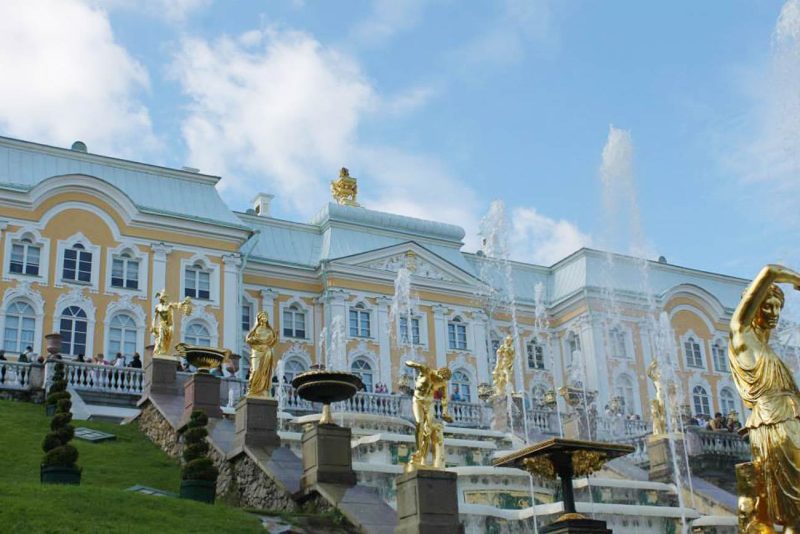 The opulent exterior of Peterhof Palace in Russia, named after Peter the Great.