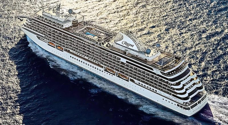 An aerial view of the 750-guest luxury ship Seven Seas Grandeur.