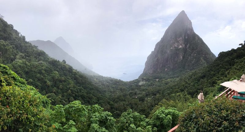 A view of the Pitons on a misty day from Ladera Resort on St. Lucia.