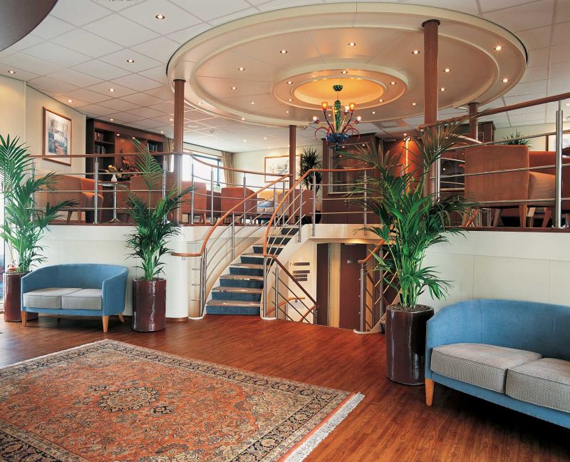 Each new port call means another tour included in the price of a Viking River Cruise.  Passengers gather in the longship’s reception area for the tour, or they may hang out 
in the Internet/Library area upstairs to take advantage of the good port-side Internet  connection (WiFi is free).