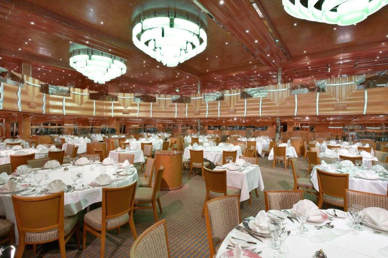 The Southern Lights Restaurant, the larger of Carnival Magic's two main dining rooms, offers a variety of appetizers and main courses.