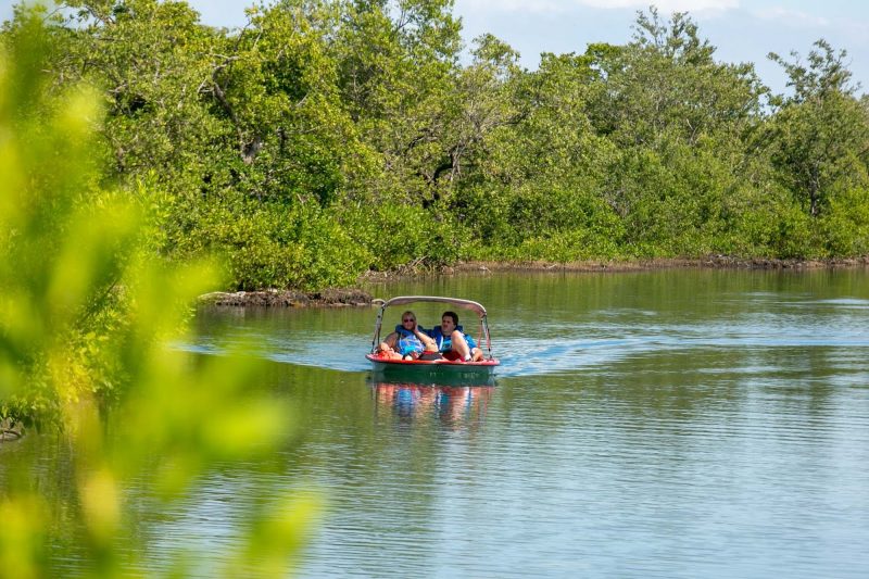 A couple takes out a pedal-powered boat at Harvest Caye in Belize.