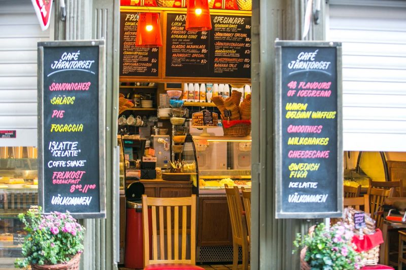 The entrance to a cafe in central Stockholm’s historic district.